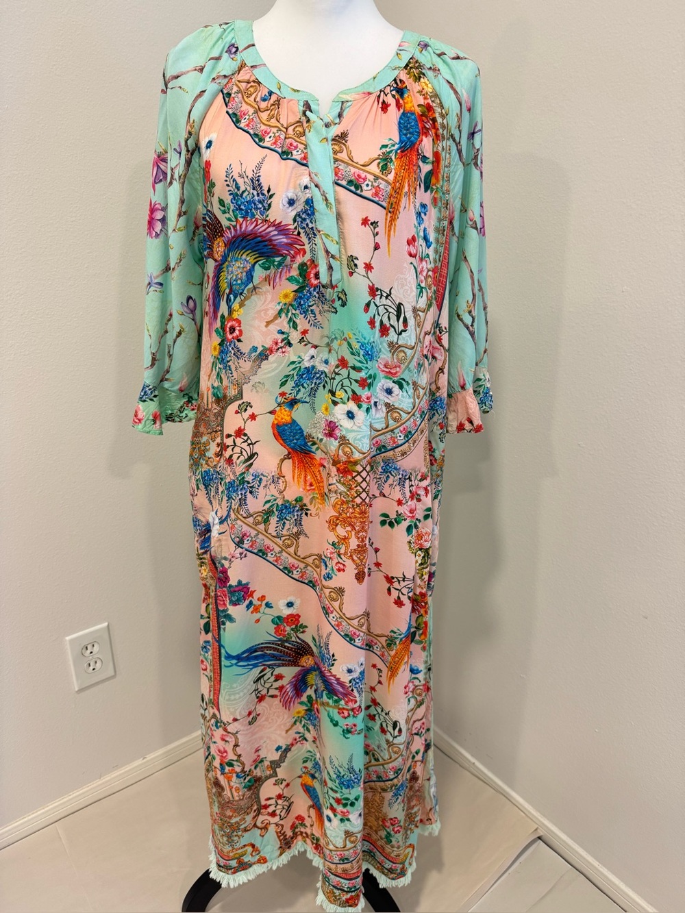 Lulalife Floral Whimsical Boho Artsy Midi Tunic Dress L